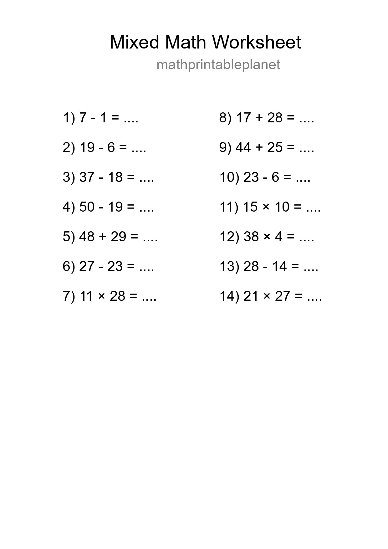 Mixed Operations Math Worksheet