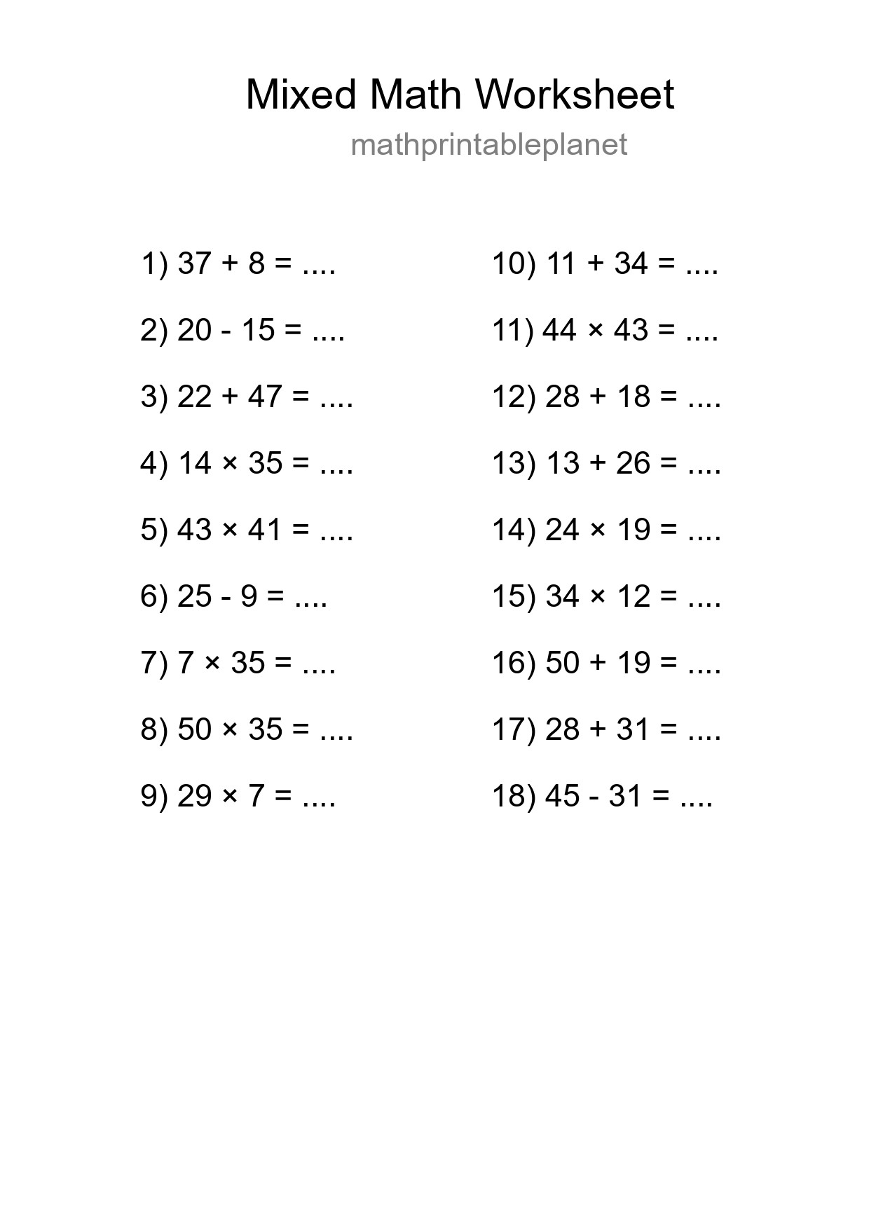 Mixed Operations Math Worksheet