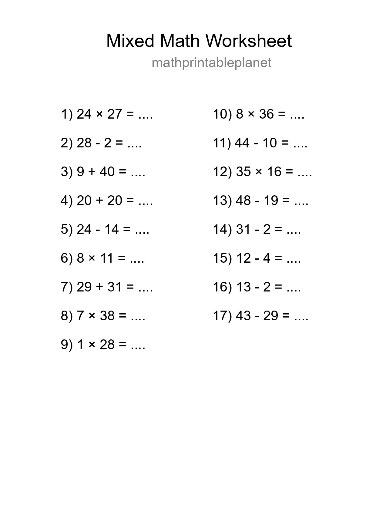 Mixed Operations Math Worksheet