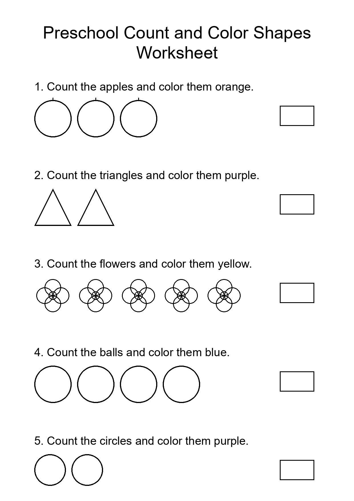 Preschool Count and Color Shapes Worksheet