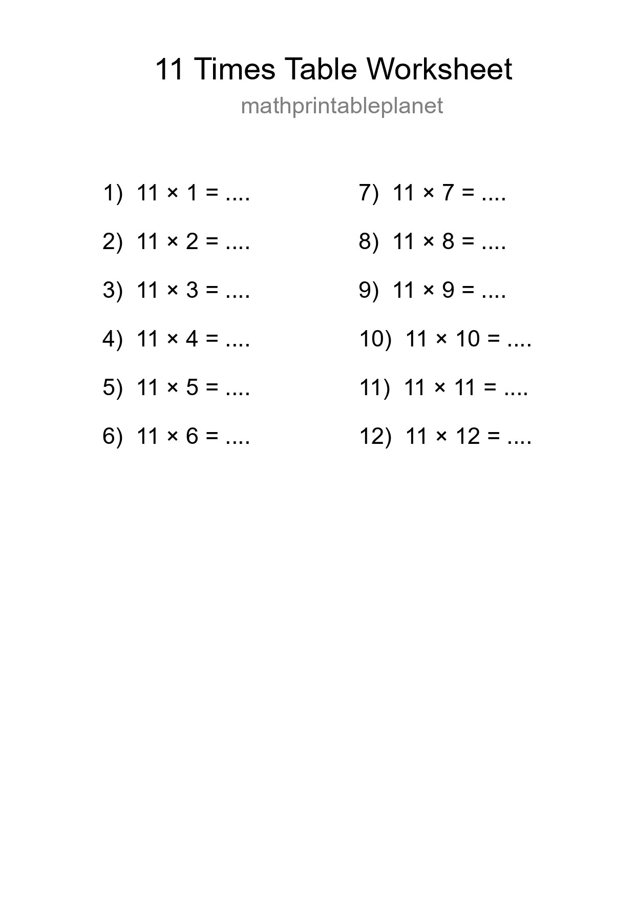 Printable 11 Times Table Worksheet For Grade 4 - Part 163