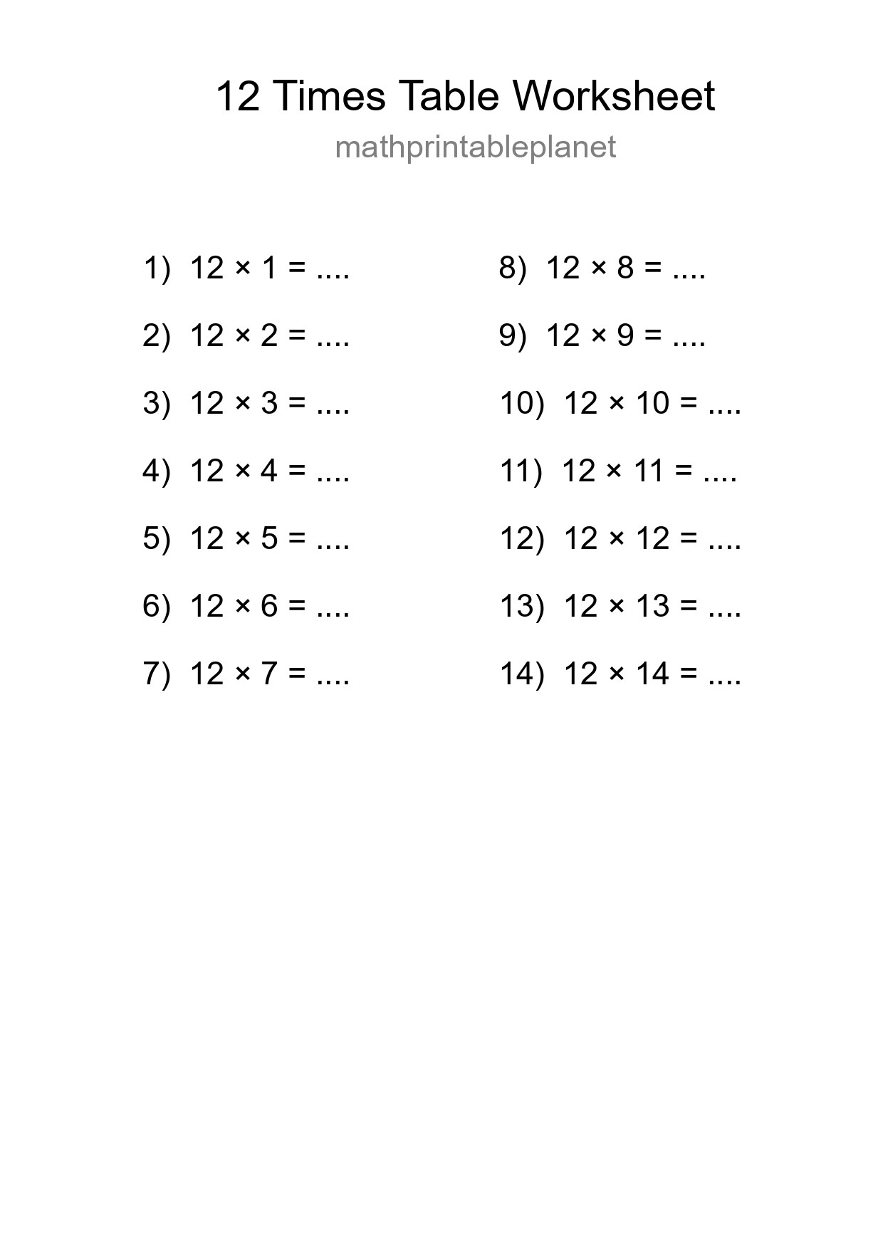 Printable 12 Times Table Worksheet For Grade 4 - Part 86