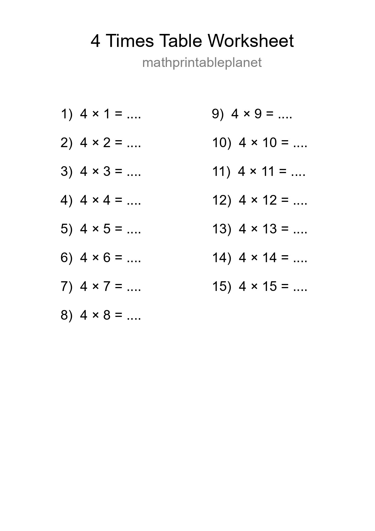 Printable 4 Times Table Worksheet For Grade 2 - Part 185