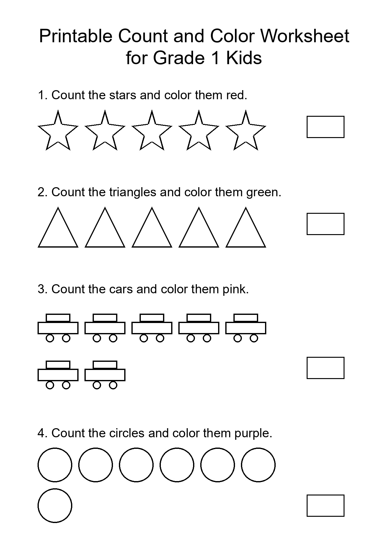 Printable Count and Color Worksheet for Grade 1 Kids