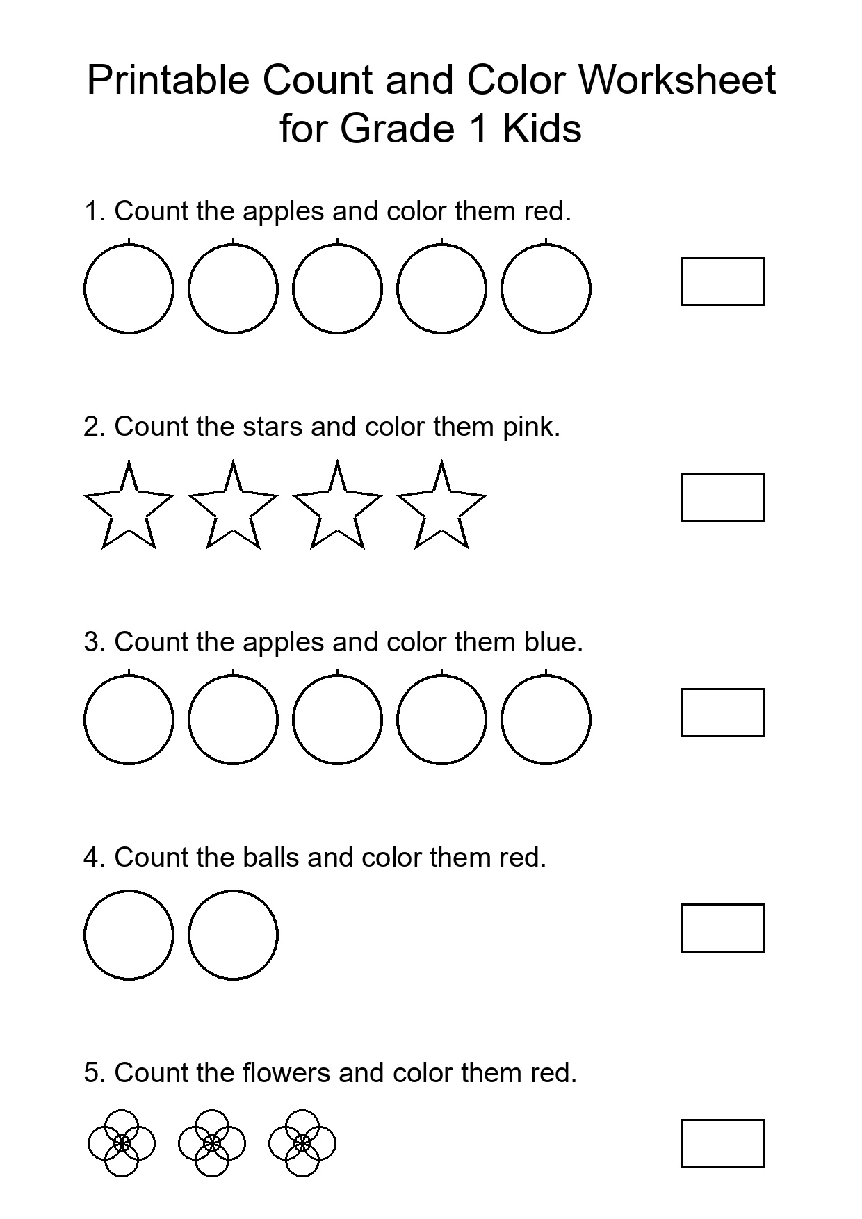 Printable Count and Color Worksheet for Grade 1 Kids