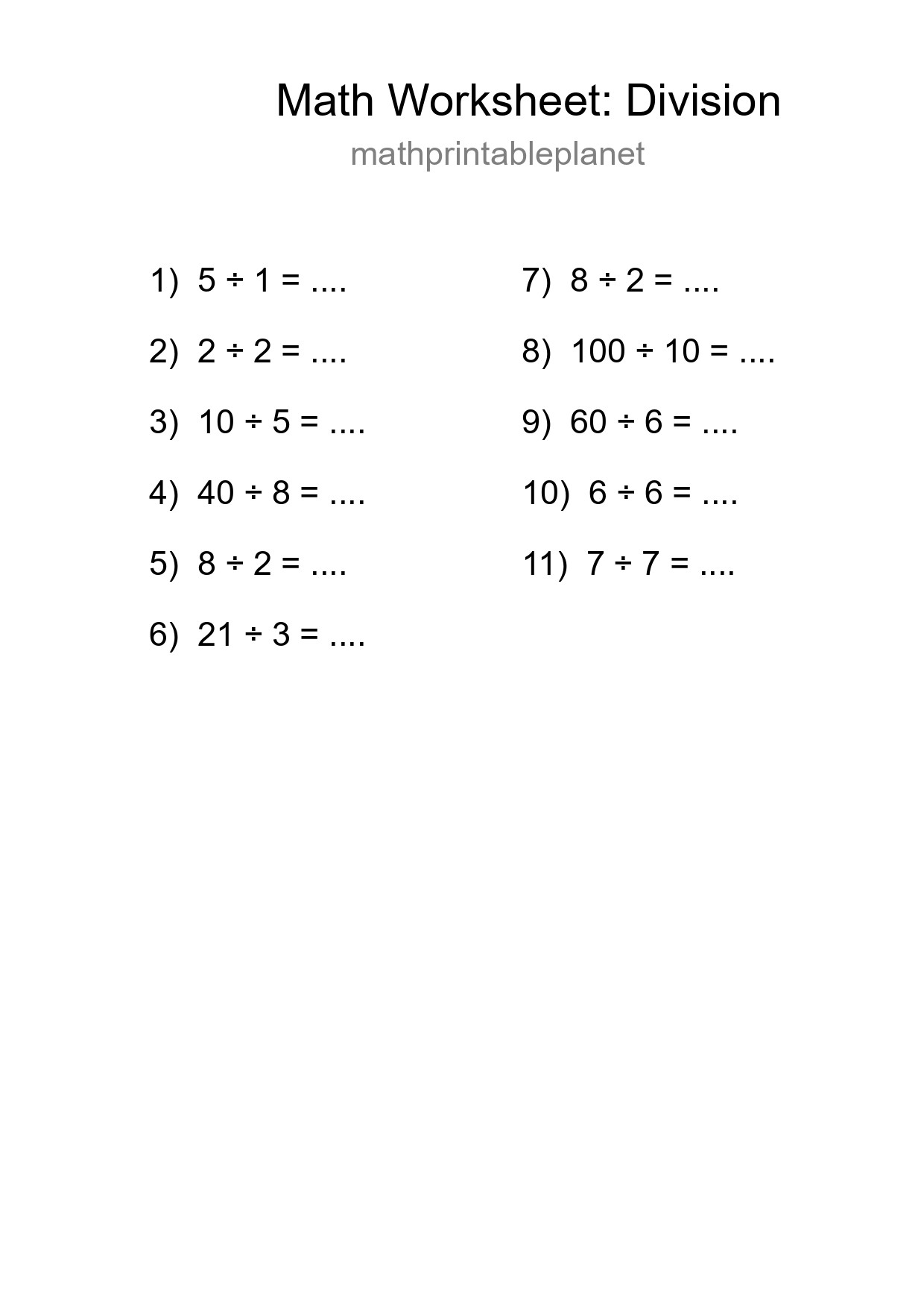 Printable Free 11 Division Math Worksheet For Grade 1 - Part 4