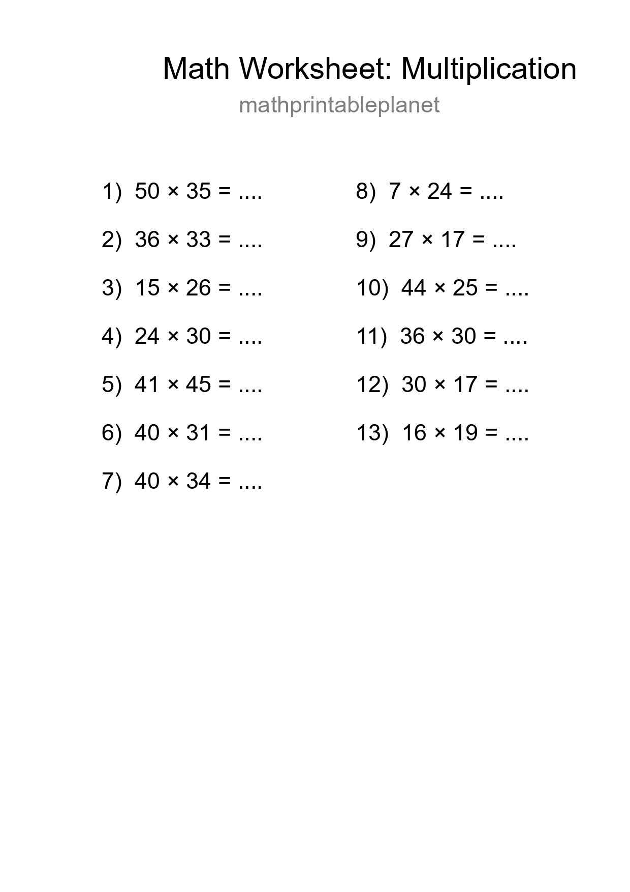 Printable Free 13 Multiplication Math Worksheet For Grade 2 - Part 260
