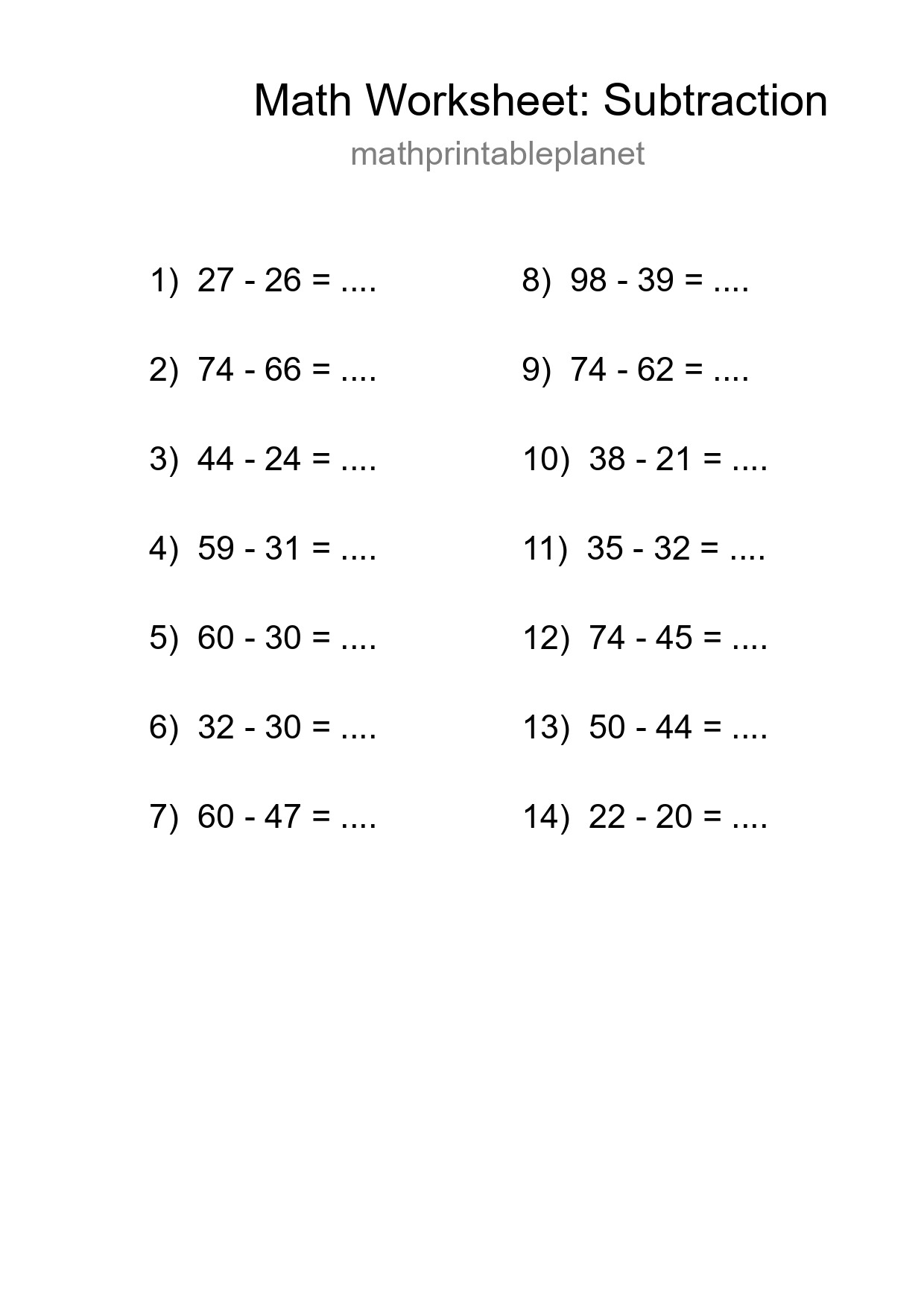 Printable Free 14 Subtraction Math Worksheet For Grade 3 - Part 283