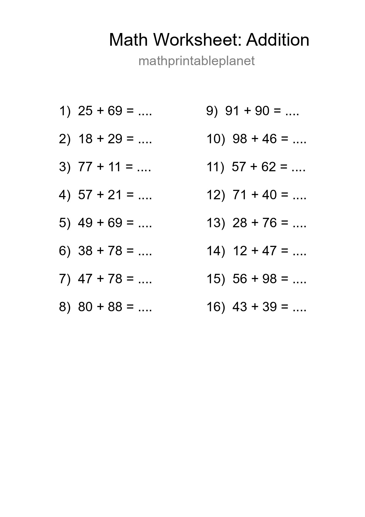 Printable Free 16 Addition Math Worksheet For Grade 3 - Part 232