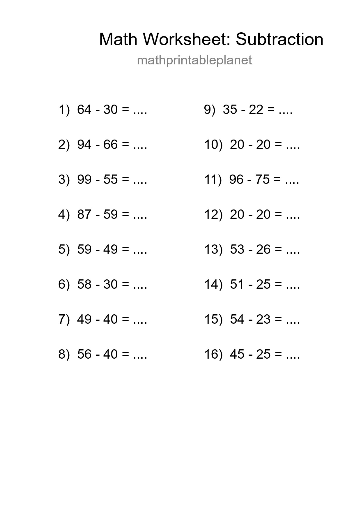 Printable Free 16 Subtraction Math Worksheet For Grade 3 - Part 261