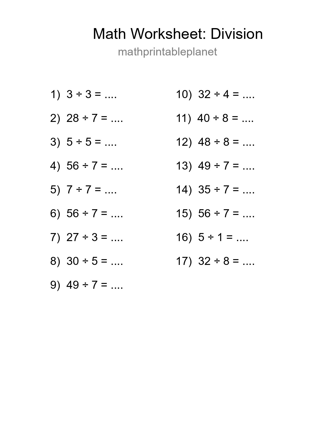 Printable Free 17 Division Math Worksheet For Grade 1 - Part 15