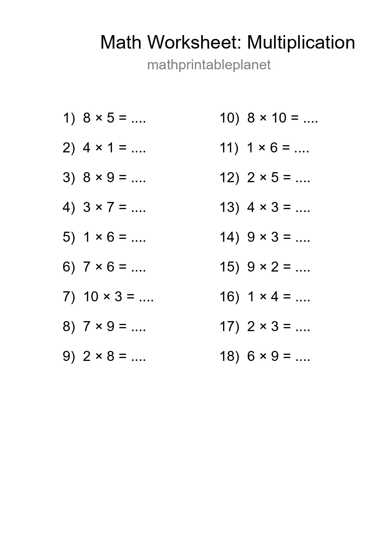 Printable Free 18 Multiplication Math Worksheet For Grade 1 - Part 238