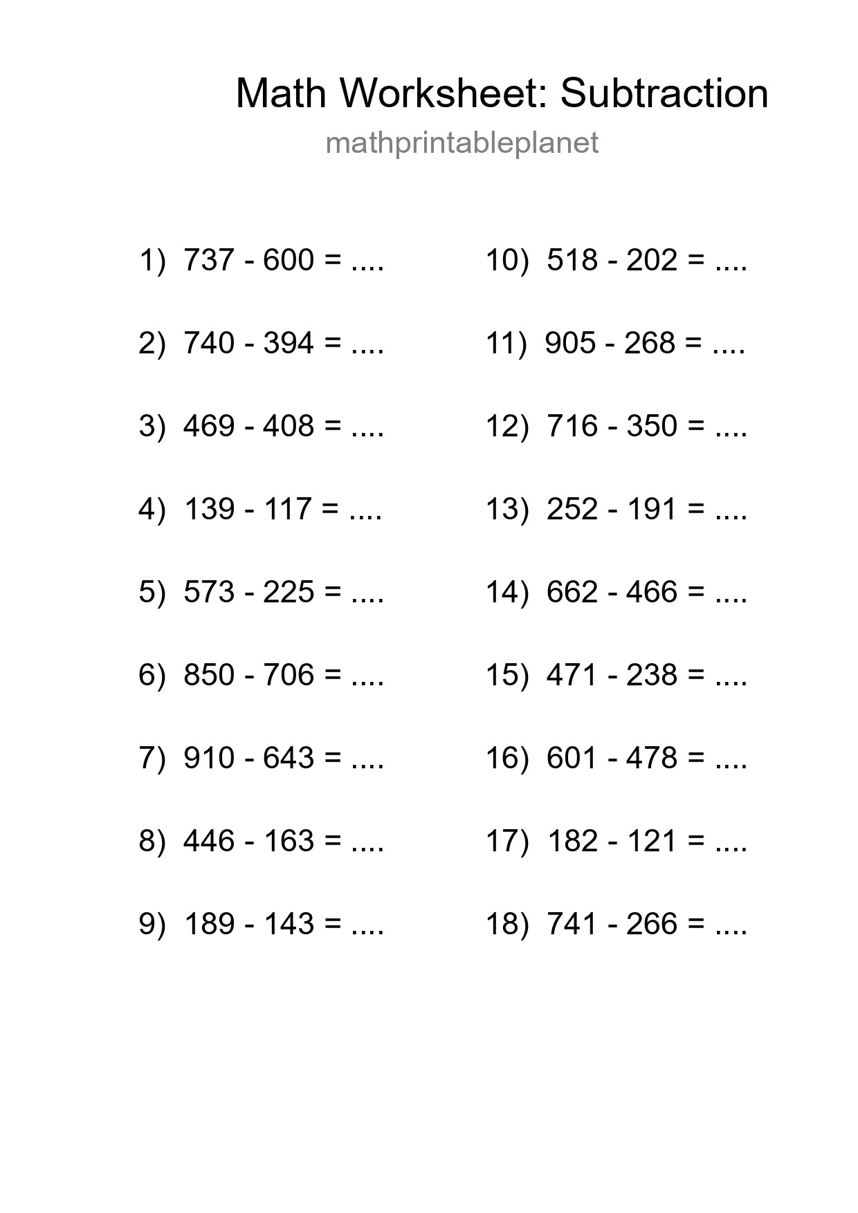 Printable Free 18 Subtraction Math Worksheet For Grade 5 - Part 63