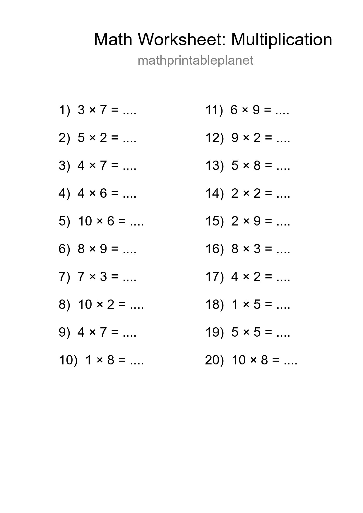 Printable Free 20 Multiplication Math Worksheet For Grade 1 - Part 51