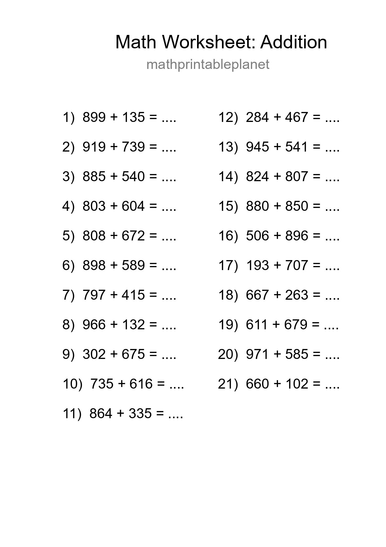 Printable Free 21 Addition Math Worksheet For Grade 5 - Part 221