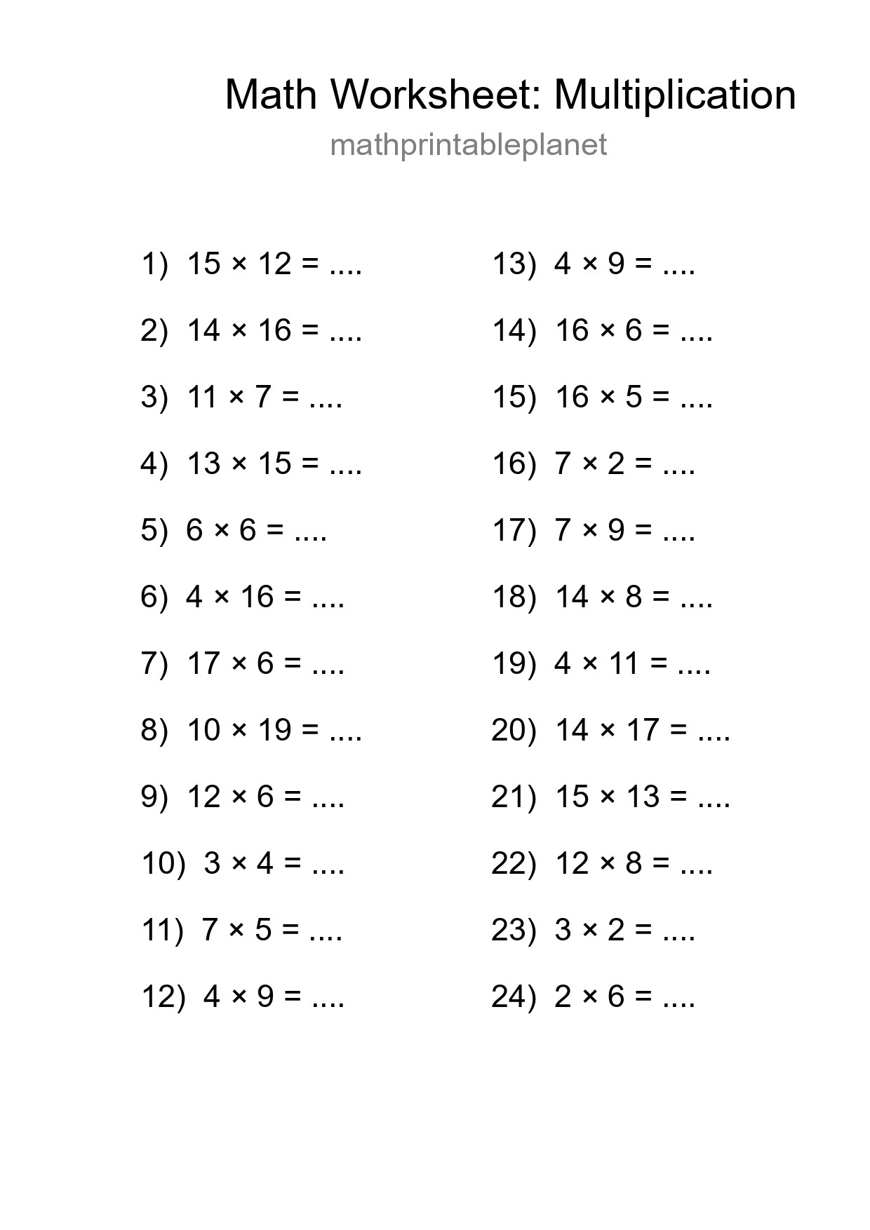Printable Free 24 Multiplication Math Worksheet For Grade 2 - Part 172