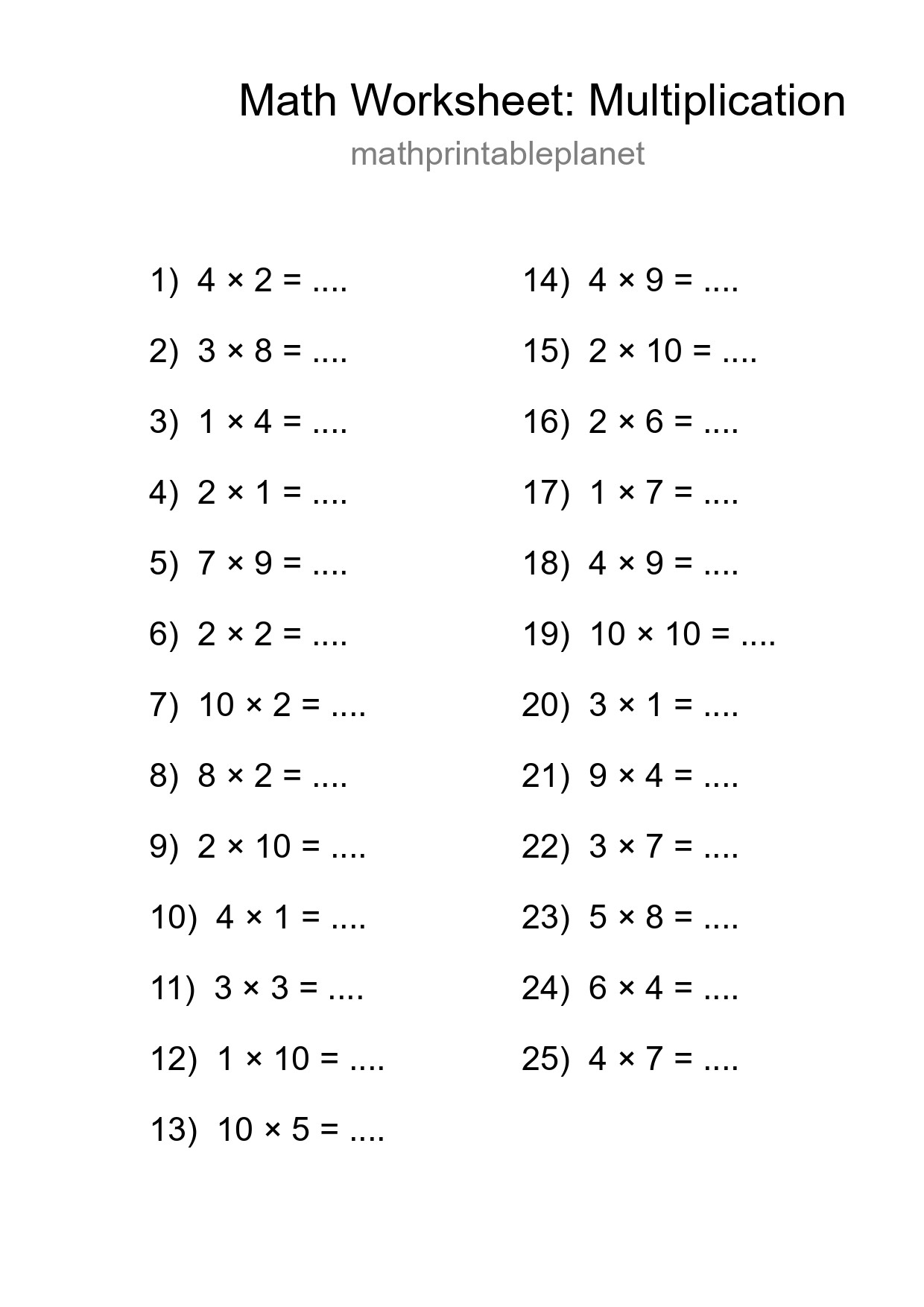 Printable Free 25 Multiplication Math Worksheet For Grade 1 - Part 73