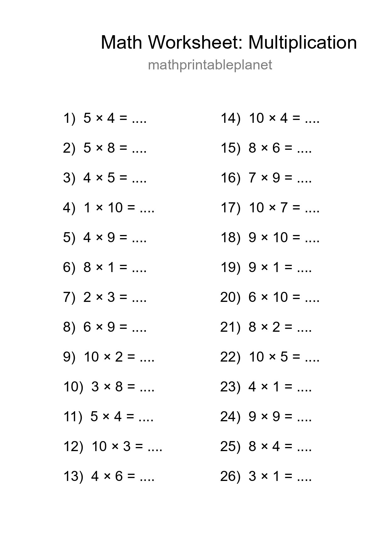 Printable Free 26 Multiplication Math Worksheet For Grade 1 - Part 205