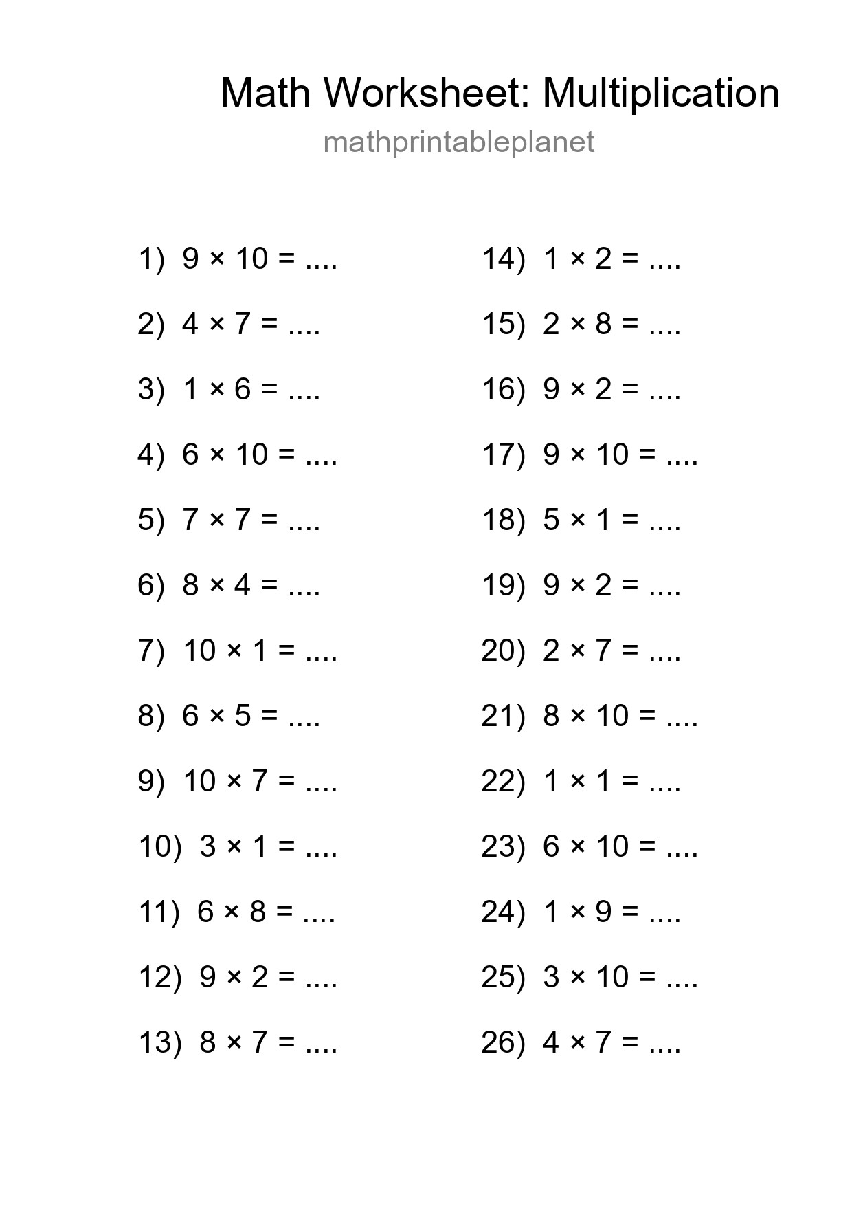 Printable Free 26 Multiplication Math Worksheet For Grade 1 - Part 62