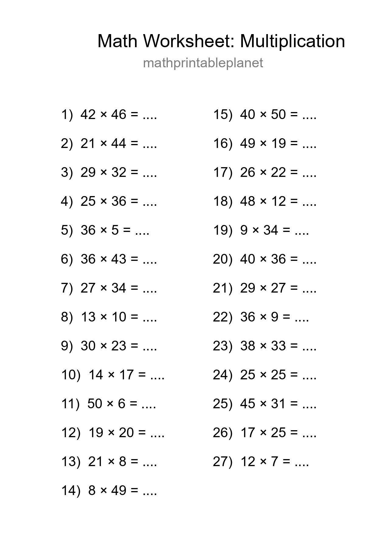 Printable Free 27 Multiplication Math Worksheet For Grade 2 - Part 40