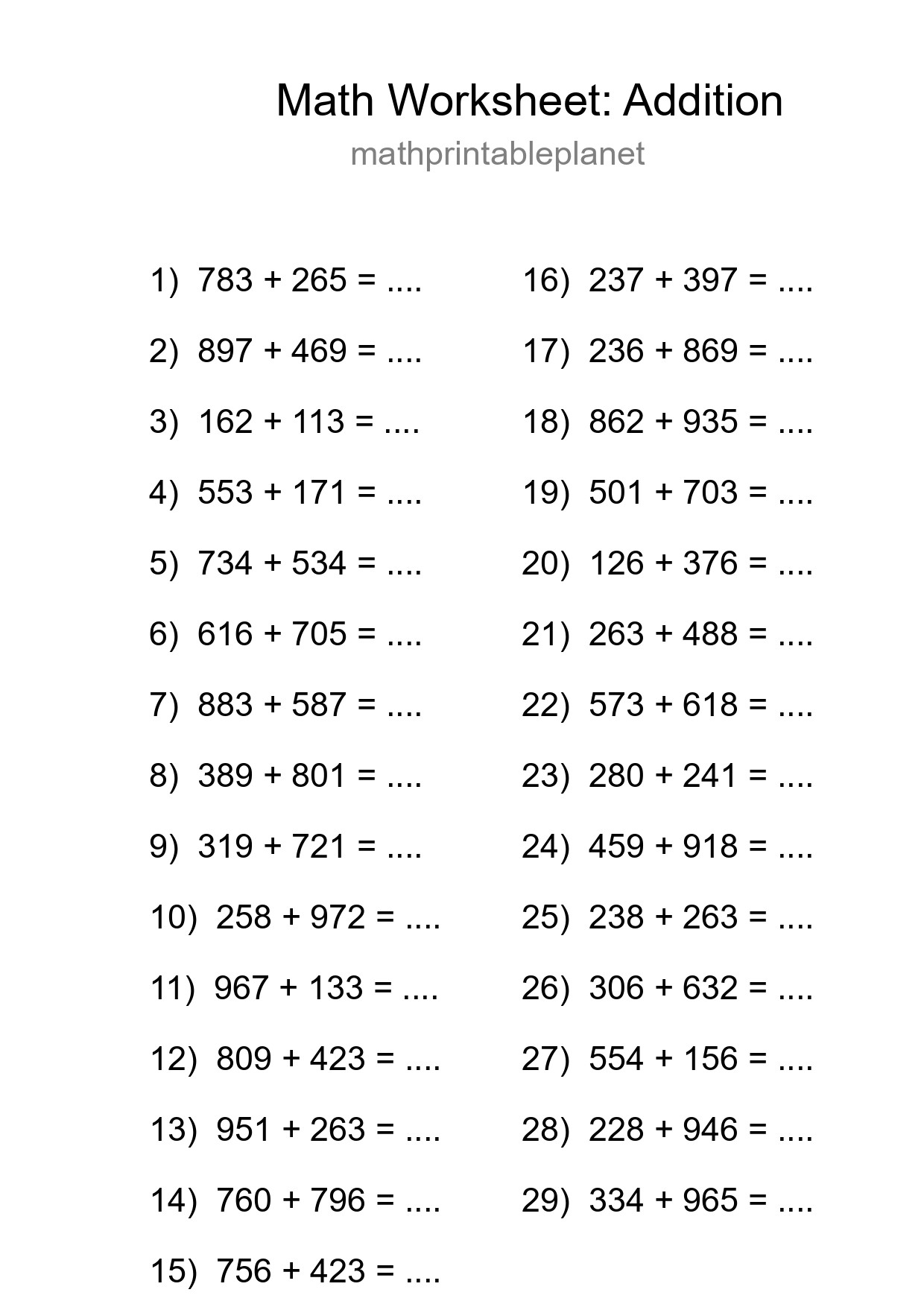 Printable Free 29 Addition Math Worksheet For Grade 5 - Part 45